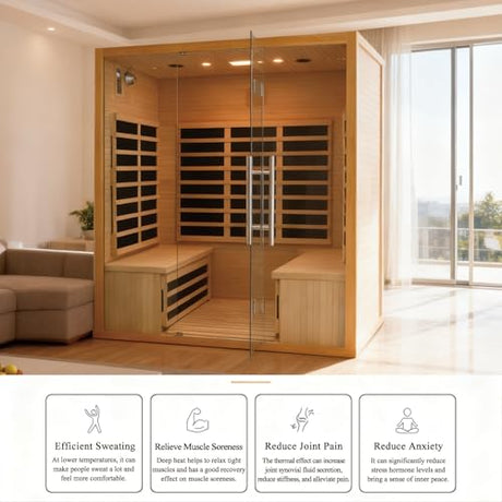 Homsido 3-4 Person Sauna, Hemlock Wooden Indoor Far Infrared Home Sauna Room 11 Low EMF Infrared Carbon Panels with Tempered Glass Door,Bluetooth Speakers 7 Chromotherapy Lights（220V, 2880W） Homsido