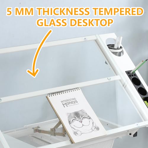 BAOMKONG Drafting Table and Stool Set, Tempered Glass Drawing Table with Adjustable Tabletop and Height Art Table for Artist Painters Home Office, White