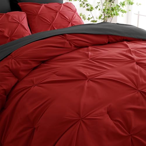 Ubauba 7pc King Size Comforter Set with Sheets, All Season Pintuck 7 Piece Bedding Sets Red and Black, Pinch Pleating Bed in a Bag Set with Comforters (Red and Black,King)