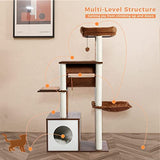 PEQULTI 51.4 Inches Modern Cat Tree Premium 6 Levels Wooden Cat Tower with Fully Sisal Covered Scratching Posts, Cozy Condo, Spacious Perch, Super Large Hammock and Swing Tunnel for Indoor Cats Brown PEQULTI
