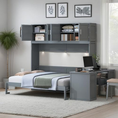 MaiDeHaoo Horizontal Queen Size Murphy Bed with Desk and Storage Drawers, Space Saving Wood Folding Wall Bed with Storage Shelves and Cabinets, Gray MaiDeHaoo