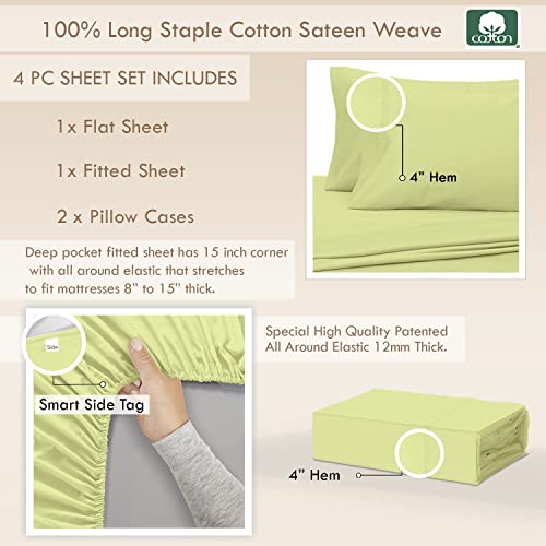 400 Thread Count Cotton Queen Size Light Green Sheets Set, 100% Long Staple Cotton 4 PC Sheets, Sateen Cotton Bedding Set fit Upto 15 inch Deep Pocket (Light Green Queen 100 Percent Cotton Sheet Set) Pizuna