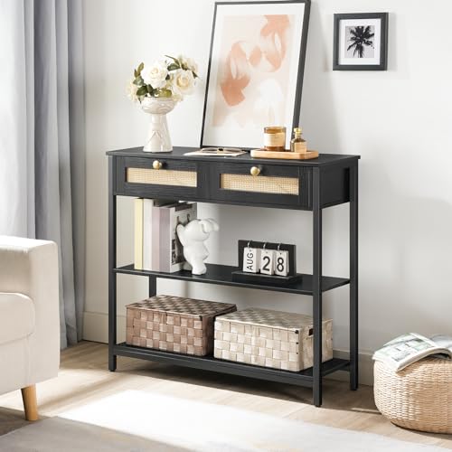 HOOBRO Rattan-Like Narrow Console Table with 2 Drawers, 31.5-Inch Sofa Table with Storage, Open and Hidden Storage Space, Woven Decoration, for Hallway and Foyer, Black BB02XG01 - WoodArtSupply