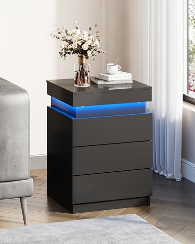 WLIVE Nightstand with Charging Station & LED Lights, Modern Night Stand with 3 Drawers and Sliding Top, Bedside Table End Table with Hidden Space for Bedroom, Living Room, Black WLIVE
