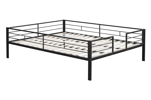 PVWIIK Queen Over Queen Metal Bunk Bed with Trundle for Kids,Heavy Duty Bunk Bed w/Ladder & Full Length Guardrail No Box Spring Needed,for Dorm,Bedroom,Guest Room, Black PVWIIK