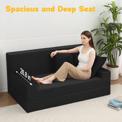 MeMoreCool Boneless Folding Sofa Bed Queen – Corduroy Convertible Futon Couch, 2-in-1 Floor Sleeper with Foam Support, Detachable Pillow & Washable Cover for Living Room, Guest Room, Apartment MeMoreCool
