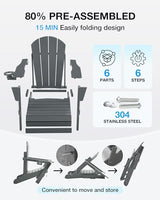 Serique Folding Adirondack Chair Wood Texture, Patio Chair Weather Resistant, Outdoor Chair, Lawn Chair with Cup Holder, Fire Pit Chair for Deck, Outdoor, Porch, Backyard, Garden (Grey) Serique