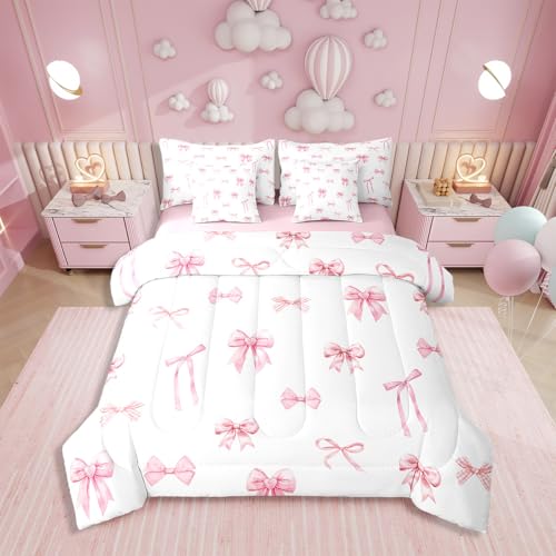 Erosebridal Pink Bow 7 Piece Comforter Set for Girls, Cute Bowknot Bedding Sets Bed in A Bag Twin Size Kawaii Ribbon Bow Sheet Set for Kids Boys Teens Women Bedroom Bow Knot Aesthetic Bed Sets Erosebridal