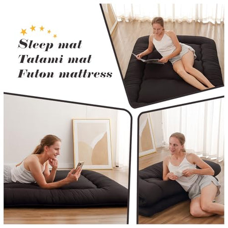 Zelladorra Japanese Floor Mattress, Futon Mattress with Portable Storage Bag and Washable Cover, Roll Up Thick Tatami Mat Suitable for Camping, Guest Room, Black, Twin Zelladorra