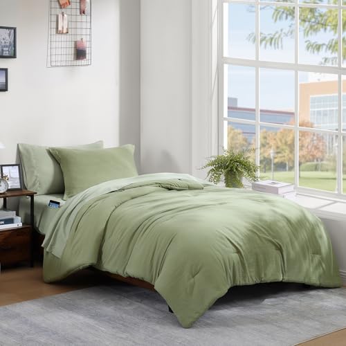 WRENSONGE Twin Comforter Set- 5 Pieces Sage Green Bed in a Bag, All Season Twin XL Bedding Sets with 1 Fitted Sheet, 1 Flat Sheet, 1 Pillow Sham and 1 Pillowcase WRENSONGE