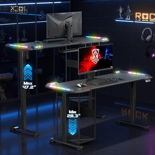 Gaming Standing Desk with LED Lights & Host Shelf, 55" x 24" Gaming Table with Music Sensing APP Control, Underdesk Cable Storage Electric Standing Desk, Black Carbon Fiber PC Table for Home Office Flycity