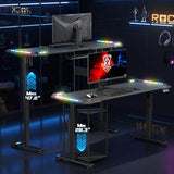 Gaming Standing Desk with LED Lights & Host Shelf, 55" x 24" Gaming Table with Music Sensing APP Control, Underdesk Cable Storage Electric Standing Desk, Black Carbon Fiber PC Table for Home Office Flycity