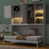 MERITLINE Twin Horizontal Murphy Bed with Storage Cabinet, LED Light and Charging Station,Wood Folding Murphy Wall Bed Cabinet with Bookcase and Shelves for Adult (White) MERITLINE