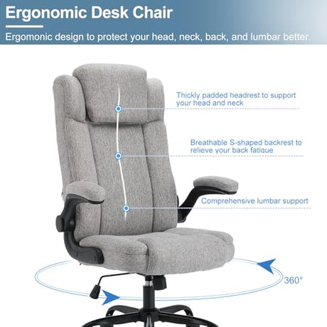 BRTHORY High Back Executive Office Chair with Adjustable Headrest,Fabric Desk Chairs with Flip-up Armrest,Big and Tall Office Chair,Ergonomic Computer Desk Chair with Rocking Function,110° Tilt Rock BRTHORY