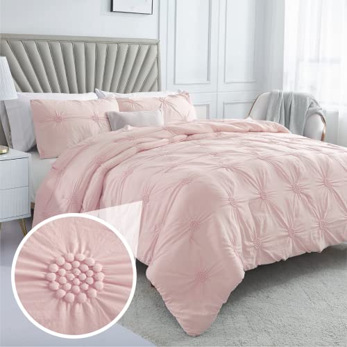 Swift Home Twin/Twin XL Baby Pink Rose Blush Comforter Set - Ruched 3D Floral Pintuck Bedding Set - 2 Pieces Bed Linen, 1 Comforter and 1 Pillow Sham Swift Home