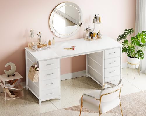 ODK 48 Inch White Computer Desk with 8 Fabric Drawers, Modern Office Desk with Large Storage for Home Office, Study, Gaming, White ODK
