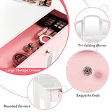 Costzon Kids Vanity, Girls Vanity Set with Tri-Folding Mirror, Stool, Storage Drawer, Princess Toddler Makeup Vanity Desk Dressing Table, Wooden Kids Vanity Table and Chair Set (White) Costzon