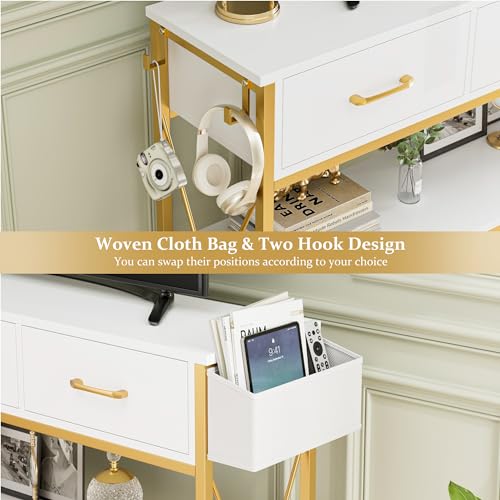 HITHOS 47.2" Console Table with 3 Drawers, Narrow Long Entryway Table with 3-Tier Storage Shelves, Industrial Sofa Foyer Table for Living Room, Hallway, Entry Way, Foyer, Kitchen, White/Gold HITHOS