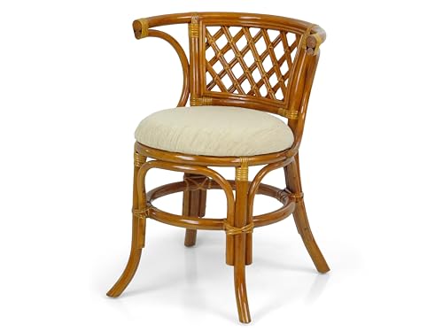 Borneo Compact Dining Set Colonial Color, Table with Glass Top + 2 Chairs with Cream Cushions, Handmade Natural Wicker Rattan Furniture Wickerix