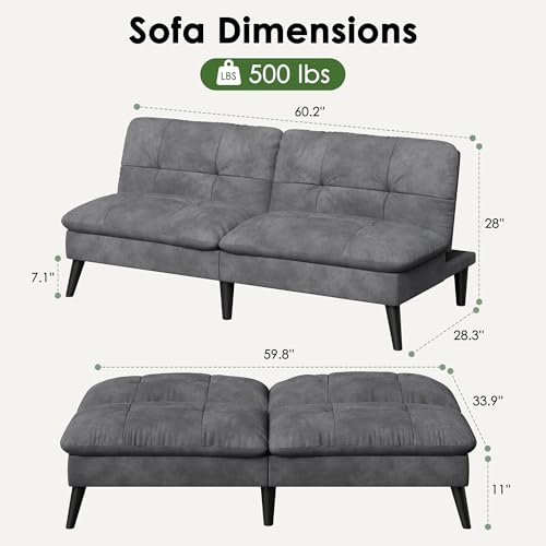 Vongrasig Futon Sofa Bed Velvet Futon Couch with Adjustable Backrest, Small Convertible Folding Sleeper Sofa Bed, Modern Loveseat for Living Room, Bedroom and Small Space, Gray Vongrasig