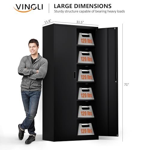 VINGLI Metal Garage Storage Cabinet with 2 Doors and 5 Adjustable Shelves, 71" Tall Steel Lockable File Cabinet, Locking Tool Cabinets for Home Office Garage Gym School (Black) VINGLI