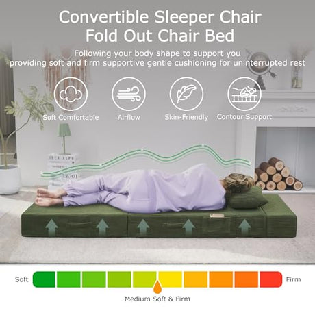 HILERO Folding Sofa Bed, 4 in 1 Convertible Sleeper Chair with Pillow, Single Memory Foam Fold Out Chair Bed, Modern Floor Futon Sofa Couch Mattress for Living Room/Guest/Apartment, Green HILERO