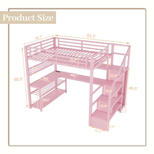OYUMOENTS Full Size Loft Bed with Desk and Stairs, Metal Loft Bed with LED Light & Charge Station, Heavy-Duty Beds with Wardrobe & Storage Shelves, No Spring Box Required, No squeaks, Pink OYUMOENTS