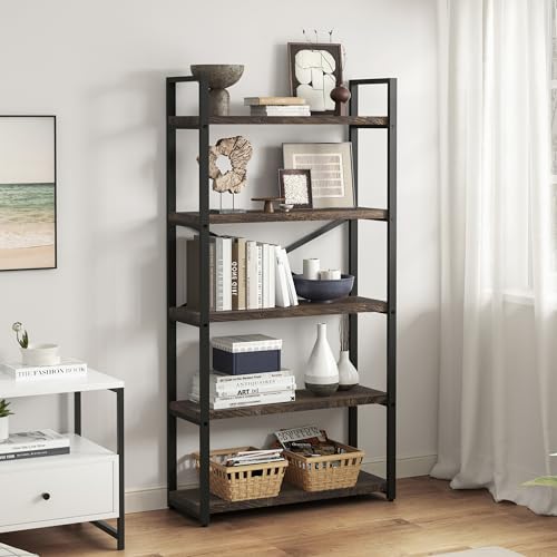 Acovy 5 Tier Solid Real Wood Bookshelf Rustic Industrial Style, Wooden Storage Shelves Etagere Bookcase Book Shelf Display Shelf for Home Office, Dark Brown