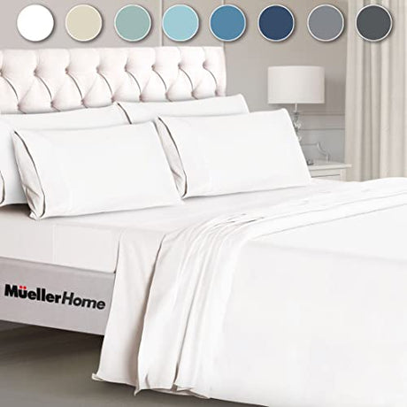 Mueller Ultratemp Full Size Bed Sheets Set, Super Soft 1800, 6 Piece Set, Deep Pocket up to 16", Transfers Heat, Breathes Better, Hypoallergenic, Wrinkle, White Mueller