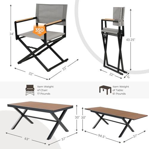Grand patio 11-Piece Outdoor Dining Set, 10 Extra-Wide Folding Chairs & 1 Rectangle Expandable Table for 6-8 Person, Sling Mesh Patio Chairs with Wood Grain Table for Yard, Poolside, Deck, Gray Grand patio