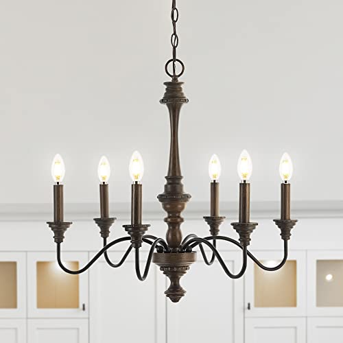 JONATHAN Y JYL1320A Oakley 25" 6-Light Midcentury Farmhouse Iron LED Chandelier Rustic Traditional Dining Room Living Room Kitchen Island Foyer, Wood Finished/Oil Rubbed Bronze JONATHAN Y