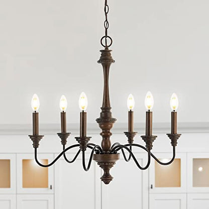 JONATHAN Y JYL1320A Oakley 25" 6-Light Midcentury Farmhouse Iron LED Chandelier Rustic Traditional Dining Room Living Room Kitchen Island Foyer, Wood Finished/Oil Rubbed Bronze - WoodArtSupply