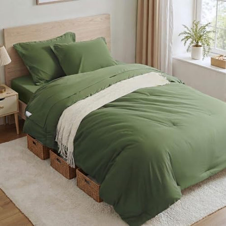 Anluoer Twin Comforter Set 5 Pieces, Olive Green Bed in a Bag with Sheets, All Season Bedding Sets with 1 Comforter, 1 Pillow Sham, 1 Pillowcase, 1 Flat Sheet, 1 Fitted Sheet Anluoer