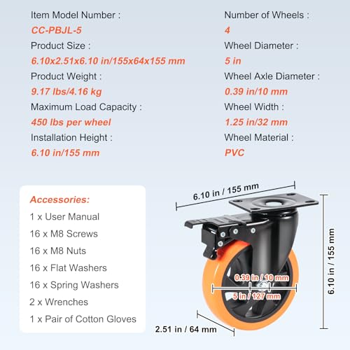 VEVOR Caster Wheels, 5-inch Swivel Plate Casters, Set of 4, with Security A/B Locking No Noise PVC Wheels, Heavy Duty 1800 lbs Load Capacity, Non-Marking Wheels for Cart Furniture Workbench VEVOR