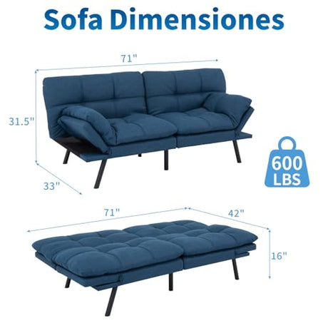 MUUEGM Futon Sofa Bed, 71" Convertible Linen Memory Foam Couch Bed, Modern Backrests Armrests Love Seat for Living Room,Apartment,Office,Blue Sleeper Couch MUUEGM