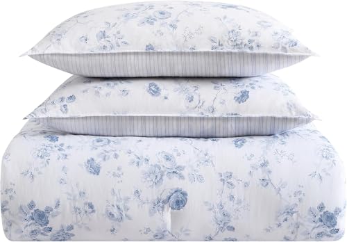 Laura Ashley - Queen Comforter Set, Soft Cotton Bedding with a Medium Weight for Year Round Use, Reversible 3 Piece Bed Set with Matching Pillowcases (Belinda Chambray Blue) Laura Ashley