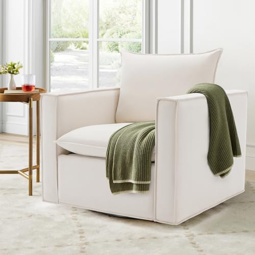 COLAMY Swivel Accent Chair, 34 Inches Wide Upholstered Arm Chair with Plump Back Pillow, Modern Sofa Living Room Chair for Bedroom, Corner, Reading Nook-Beige COLAMY
