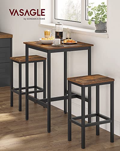 VASAGLE Bar Table and Chairs Set, Square Table with 2 Stools, Dining Pub Set for 2, Space Saving for Kitchen Breakfast, Living Room, Rustic Brown and Ink Black VASAGLE