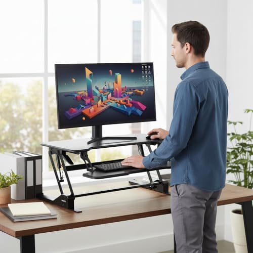 Mount-It! 38" Standing Desk Converter, Desktop Sit-Stand Desk Riser with Gas Spring Height Adjustment, Compact Desk Topper for Dual Monitors or Laptop, Keyboard Tray, Black Mount-It!