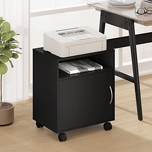 FITUEYES Mobile Printer Stand with Adjustable Storage Shelves, Wood Printer Cabinet with Door, Black Work Cart on Wheels for Home Office, 18.9" W x 13.8" D x 22.4" H