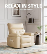 Swivel Rocker Recliner Chair, Massage Recliner Chair with Heat, 360° Swivel PU Leather Manual Recliner for Adults, Long Sitting Fatigue Relief and Shoulder Neck Relaxation, Beige