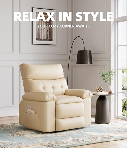 Swivel Rocker Recliner Chair, Massage Recliner Chair with Heat, 360° Swivel PU Leather Manual Recliner for Adults, Long Sitting Fatigue Relief and Shoulder Neck Relaxation, Beige BouPower