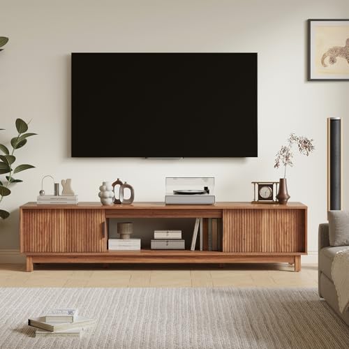 DUMOS 70" Mid Century Modern TV Stand, Mocha Brown Wood Entertainment Center with Storage Cabinets, Media Console Table with Straight Legs & Cable Management for Living Room, Bedroom, Office DUMOS