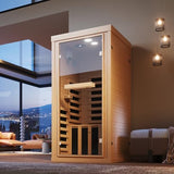 SunSwell 1-2 Person Far Infrared Wooden Sauna Room, Canadian Hemlock Indoor Dry Sauna Spa Room for Low EMF with Bluetooth Speakers and Control Panel, Whole Glass，32.28"x 32.28"x 66.14" SunSwell