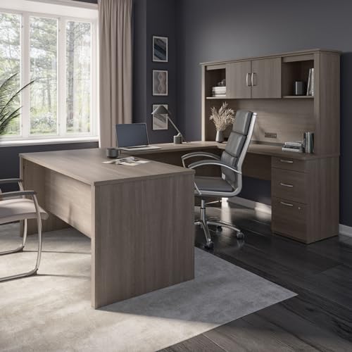 Bestar Logan U or L-Shaped Executive Office Desk with Pedestal and Hutch, Table Workstation for Personal Home Workspace, 66W, Bark Grey Bestar