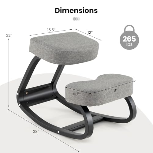 Goplus Ergonomic Kneeling Chair, Rocking Upright Posture Chair with Soft Seat & Knee Pads, Wooden Backless Knee Chair Relieves Neck Back Pain for Home Office Study, Gray and Black Goplus