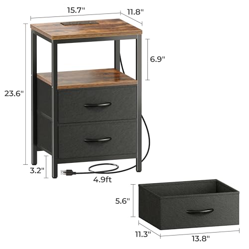 Huuger Nightstand with Charging Station, Side Table with Fabric Drawers, End Table with Open Shelf, Bedside Table with USB Ports and Outlets, Night Stand for Bedroom, Rustic Brown and Black Huuger