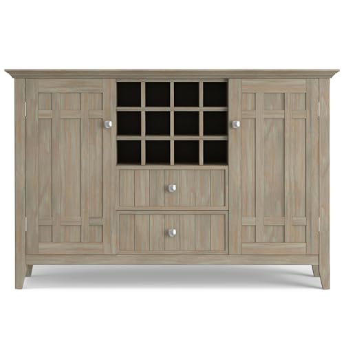 SIMPLIHOME Bedford Solid Pine Wood 54 inch Rustic Sideboard Buffet Credenza in Distressed Grey features 2 Doors, 2 Drawers and 2 Cabinets with 12 Bottle Wine Storage Rack SIMPLIHOME