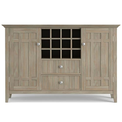 SIMPLIHOME Bedford Solid Pine Wood 54 inch Rustic Sideboard Buffet Credenza in Distressed Grey features 2 Doors, 2 Drawers and 2 Cabinets with 12 Bottle Wine Storage Rack - WoodArtSupply