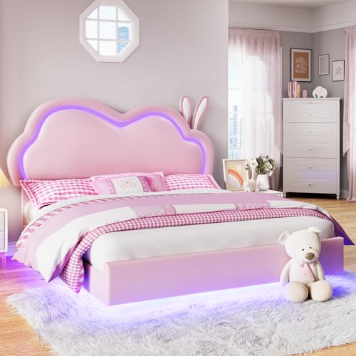 Jocisland LED Twin Bed Frame for Girls Upholstered Floating Bed with Cute Cloud Headboard, No Box Spring Needed, Leather, Pink Jocisland